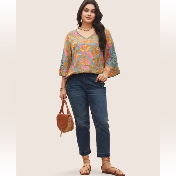 BloomChic Plus Size XL Boho Print Guipure Lace Ruffles Blouse us14-16 - Picture 7 of 8